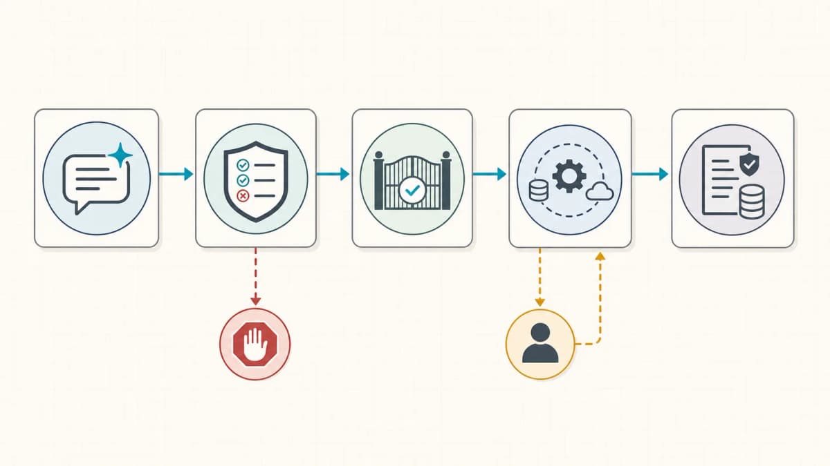 Five-stage AI agent permission architecture with allow, deny, human approval, and audit paths