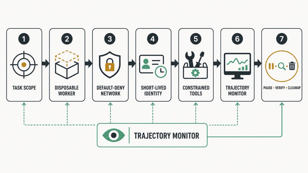 Layered AI agent sandbox security workflow from task classification and isolation through trajectory monitoring, intervention, state verification, and cleanup
