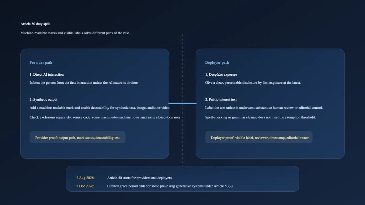 Decision tree showing Article 50 duties for providers and deployers of AI systems