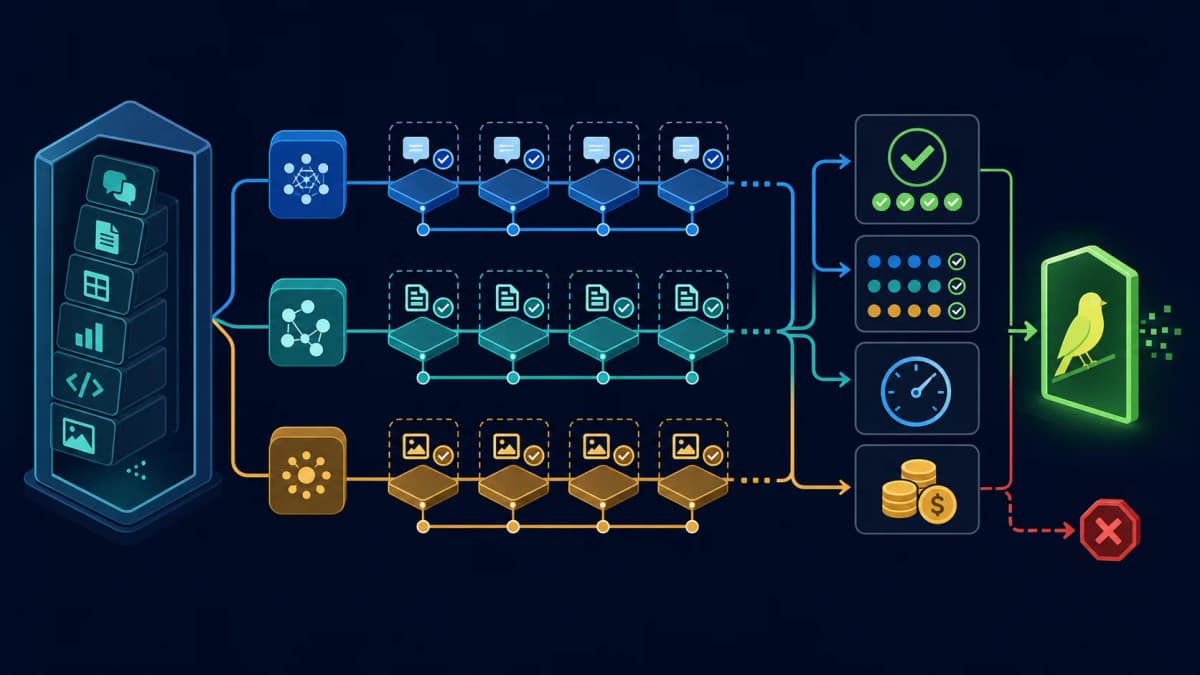 A task library runs through identical repeated trials before models are compared on completion, consistency, latency, cost, and canary rollout