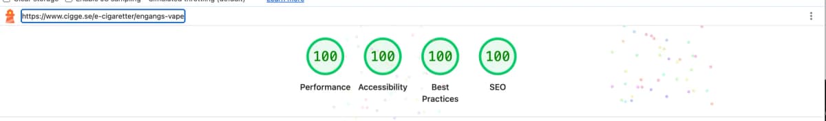 Desktop Lighthouse result for Cigge ecommerce category page showing 100 performance, 100 accessibility, 100 best practices, and 100 SEO