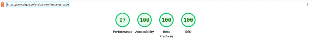 Mobile Lighthouse result for Cigge ecommerce category page showing 97 performance, 100 accessibility, 100 best practices, and 100 SEO