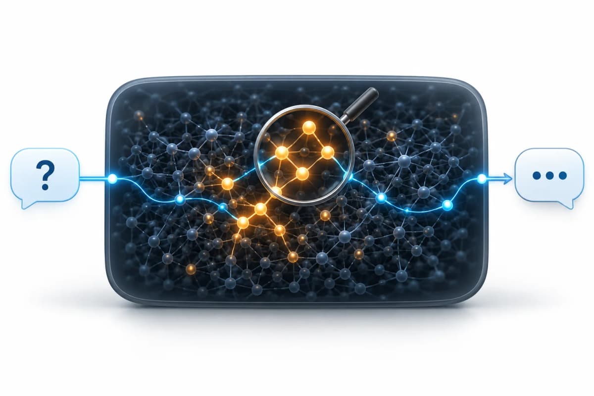 A question enters an AI model; a small network of neurons is visible while most internal paths remain unmapped.