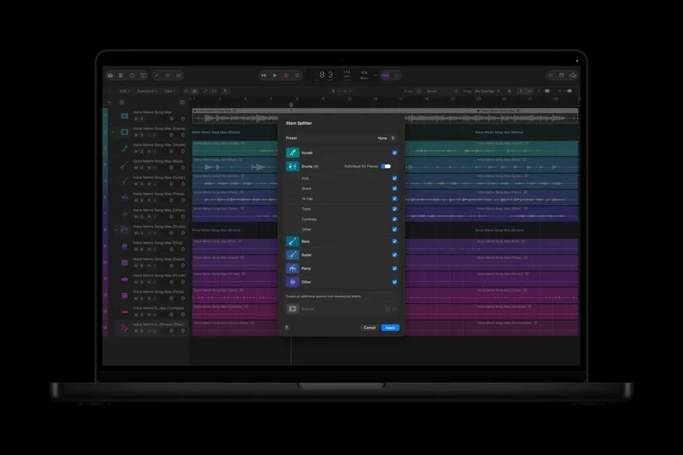 Official Apple preview showing the updated Logic Pro Stem Splitter drum controls