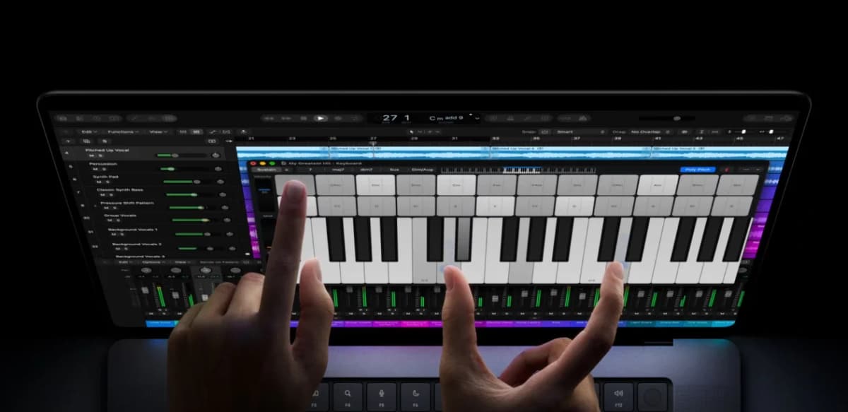 Officiell Apple-bild som visar pekinmatning på den nya PROLED XDR MacBook Pro