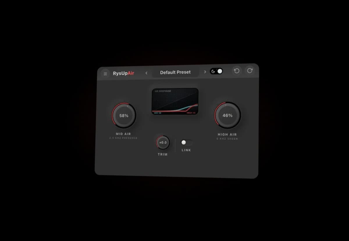 Official RysUpAir interface showing Mid Air, High Air, Link and Trim controls