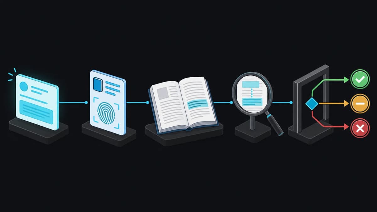 Five-stage AI citation verification path from claim capture through source identity, passage support, and risk decision