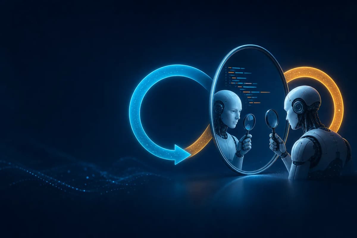 The AI peer review bridge reviewing its own code in an iterative feedback loop, infinity-shaped cyan and amber arrows symbolising three rounds of self-review that caught four real bugs