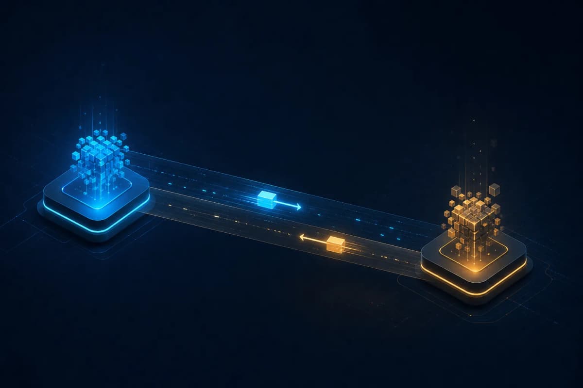 AI peer review protocol flow between Claude and Codex — an implementer node stages a packet that travels across a glowing bridge to a reviewer node, which sends back a structured verdict and file:line findings